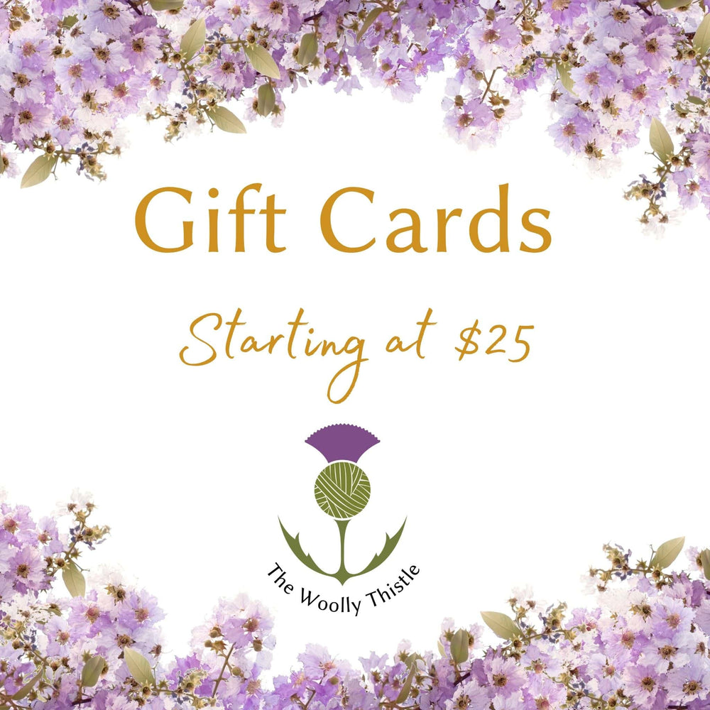 Graphic with purple flowers and 'The Woolly Thistle' logo. Text Gifts Starting at $25