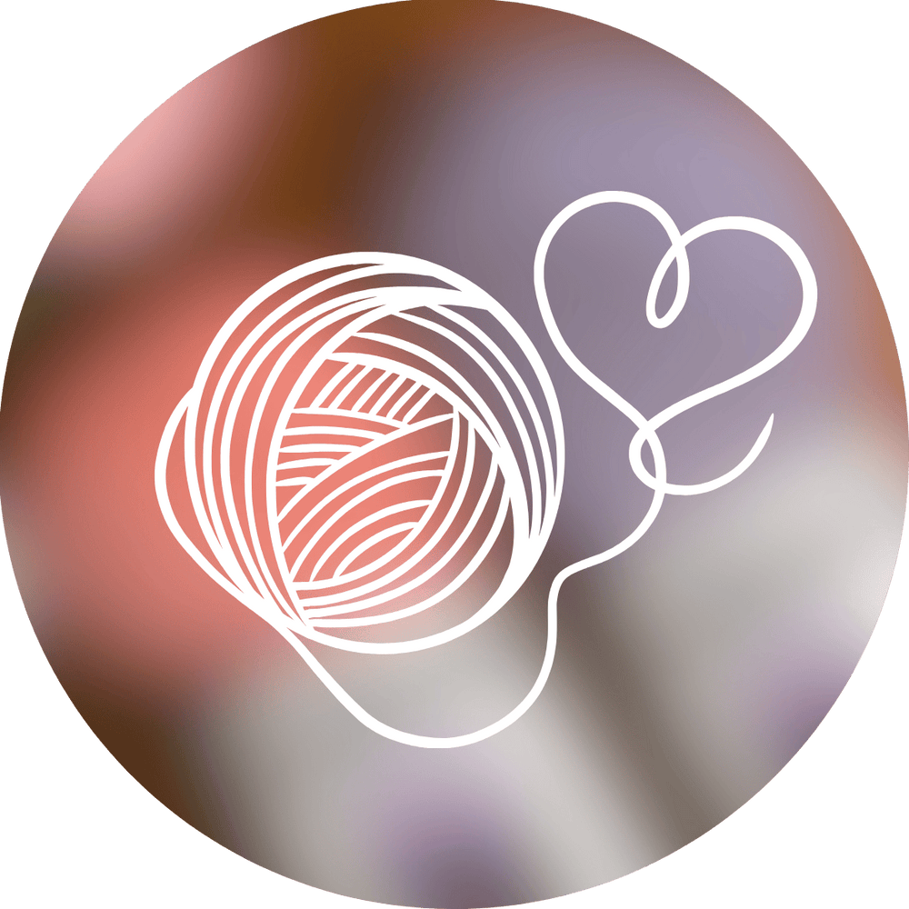 Outline of a ball of yarn and a heart on a gradient background representing a yarn that has not yet been announced.