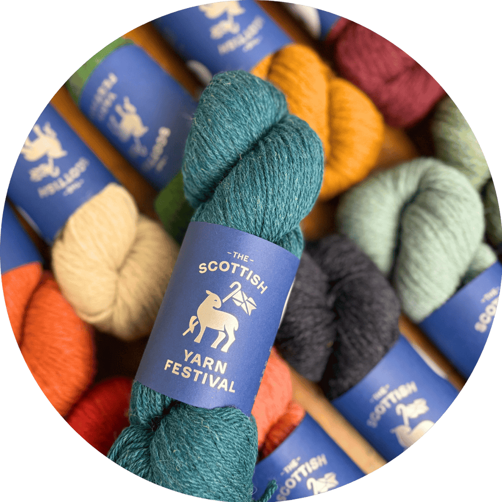 Teal skein of yarn with a 'Scottish Yarn Festival' label surrounded by other colored yarns as an example of colors that may be included in the Box.