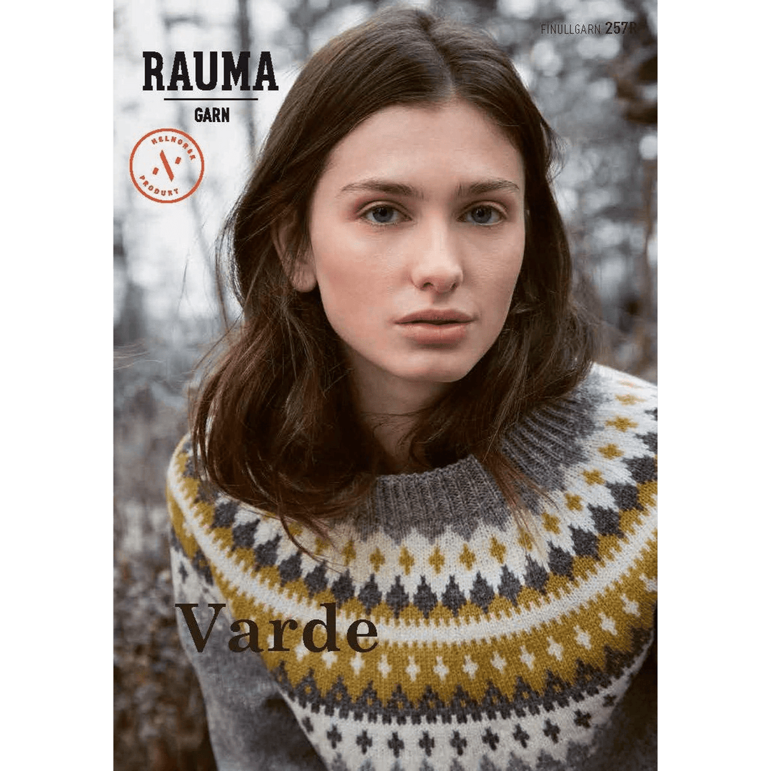 Woman wearing knitted tan and yellow sweater with pattern from Rauma Finullgarn Varde pattern book from the Woolly Thistle