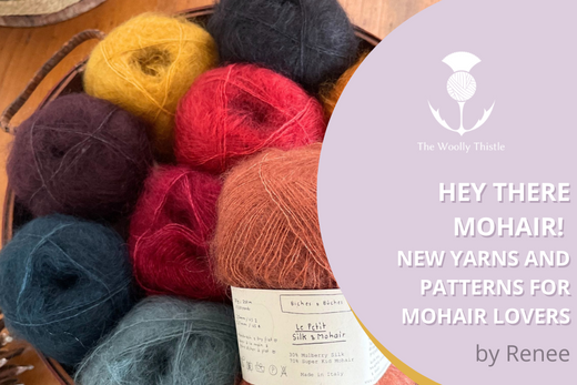 Hey There Mohair! New Yarns and Patterns for Mohair Lovers by Renee. Text and TWT Logo over photo of mohair yarn. 