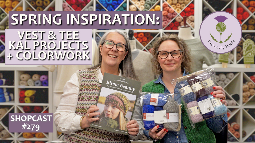 Photo of shopcast hosts holding up yarn and book. Title text "Spring Inspiration: Vest & Tee KAL Projects + Colorwork"