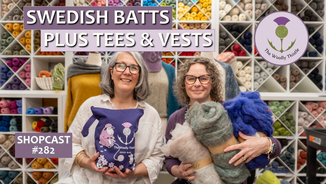 Hosts of Shopcast holding fiber products. Title: Swedish Batts Plus Tees & Vests Shopcast #282