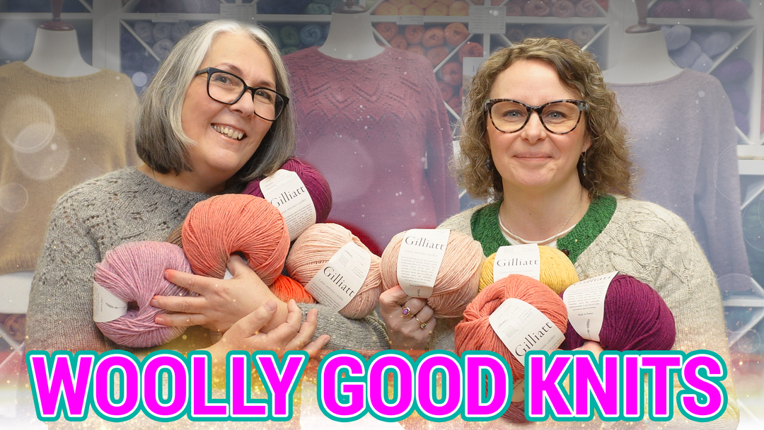 'Woolly Good Knits' text on photo of Shopcast Hosts with armfuls of yarn