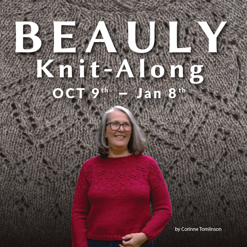 Text: 'Beauly Knit-Along Oct 9th - Jan 8th by Corinne Tomlinson.' KAL Graphic