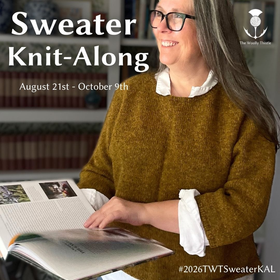 woman wearing sweater and text 'Sweater Knit-Along August 21st - October 9th. #2026TWTSweaterKAL'