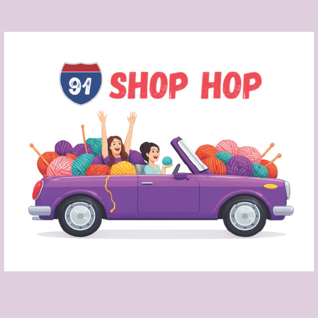 'I-91 Shop Hop' text on graphic with a car full of yarn and two women.