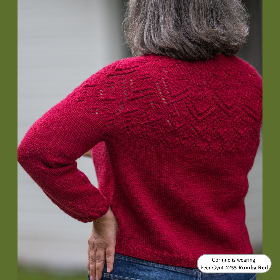 Back view of lace yoke on Beauly Sweater knit in Peer Gynt 4255