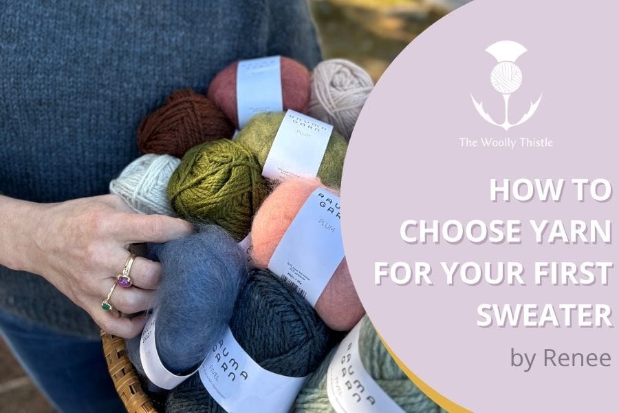 Blog post tile with text 'How to Choose Yarn for Your First Sweater by Renee'