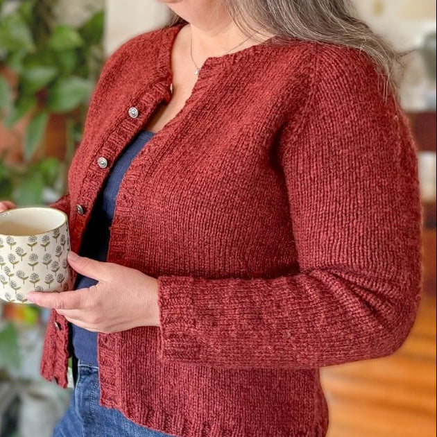 Victory Cardigan knit with Rauma Vams shown at side angle