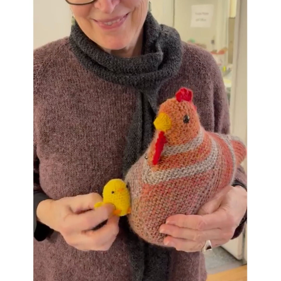 Hand knit Emotional Support Chicken being held by woman.