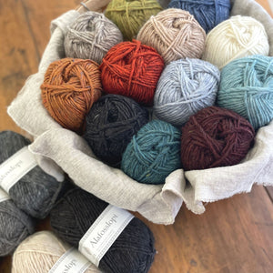 Aerial View of basket of Alafosslopi Yarn, an Icelandic Bulky weight yarn by Istex.