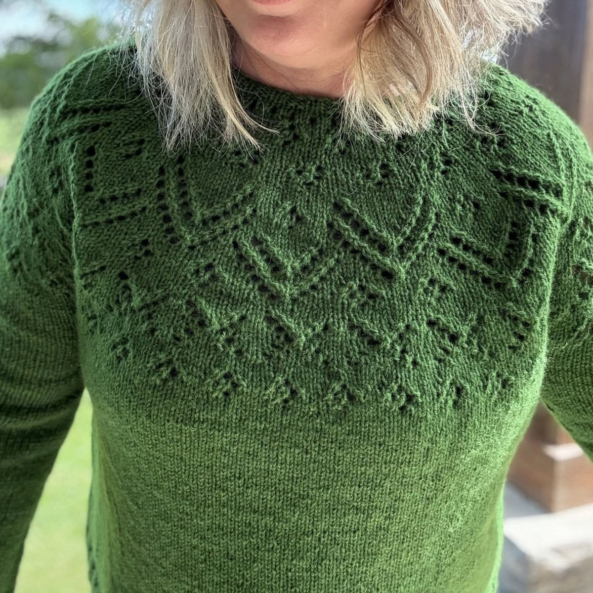 Beauly Sweater lace yoke knit in in Rauma Strikkegarn