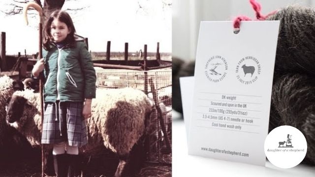 An photo of girl shepherding sheep alongside a photo of Daughter of a Shepherd yarn with label.