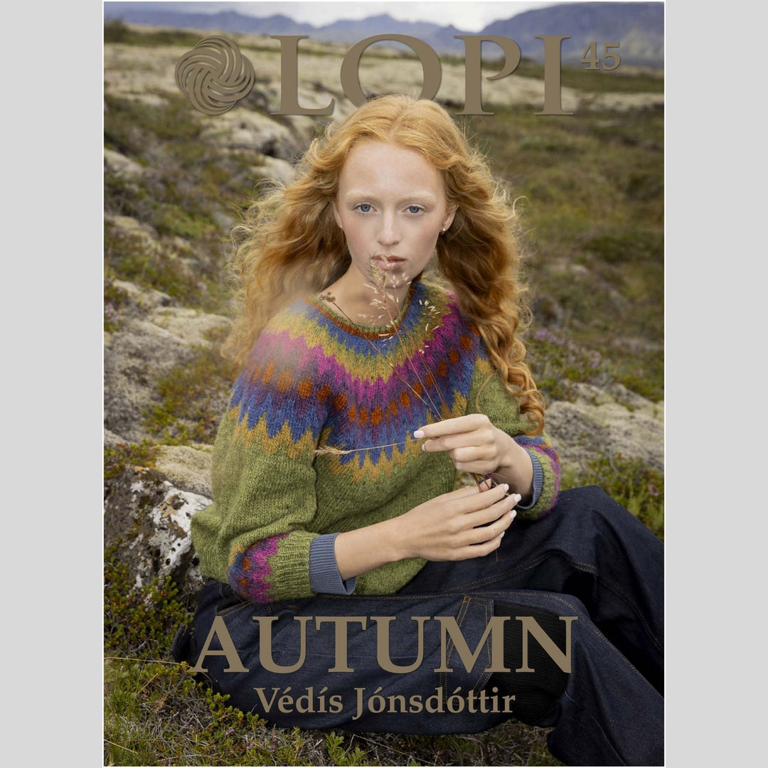 Lopi Book 45 cover shows Woman in a colorful sweater sitting outdoors with 'LOPI' branding and 'Autumn' text.