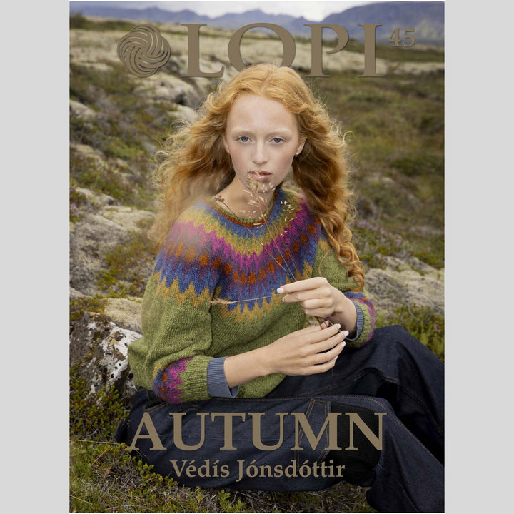 Lopi Book 45 cover shows Woman in a colorful sweater sitting outdoors with 'LOPI' branding and 'Autumn' text.