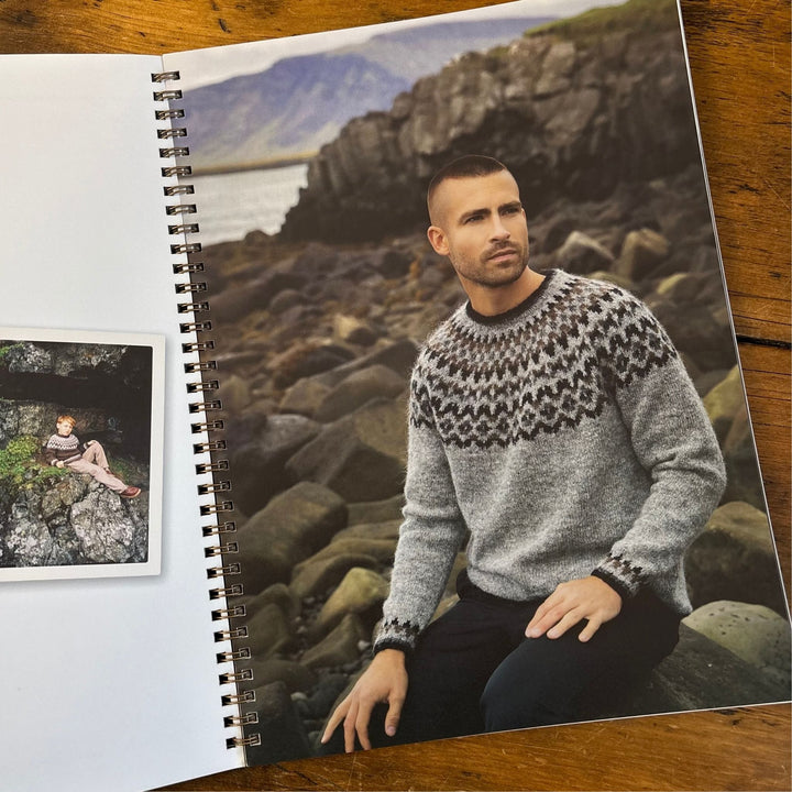 Page from Lopi Book 45 Autumn shows man, wearing a grey sweater with a colorwork yoke,  sitting on rocks with a scenic background