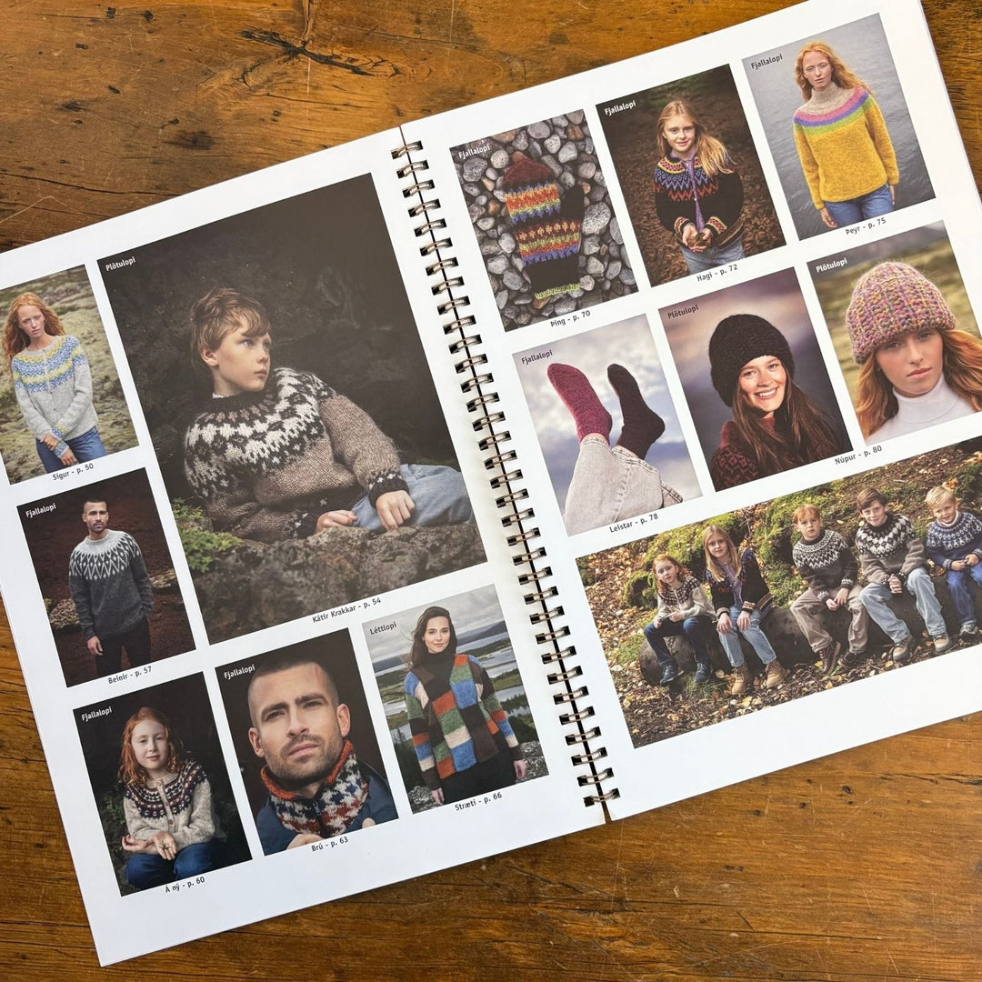 Spiral-bound book Lopi Book 45 with images of people wearing knitted garments on a wooden surface. Designs are featured in this book. 