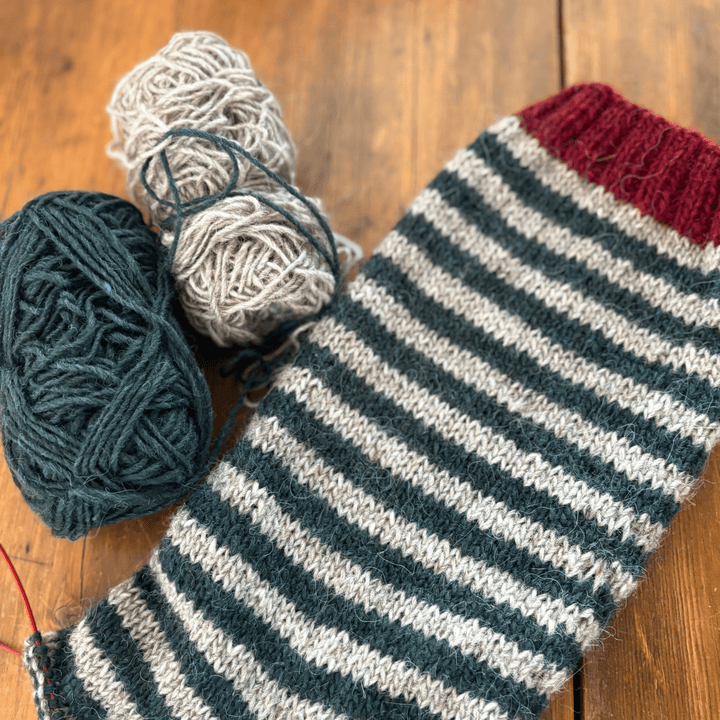 Striped Christmas Stocking in Léttlopi by Jill Schroeder for The Woolly Thistle