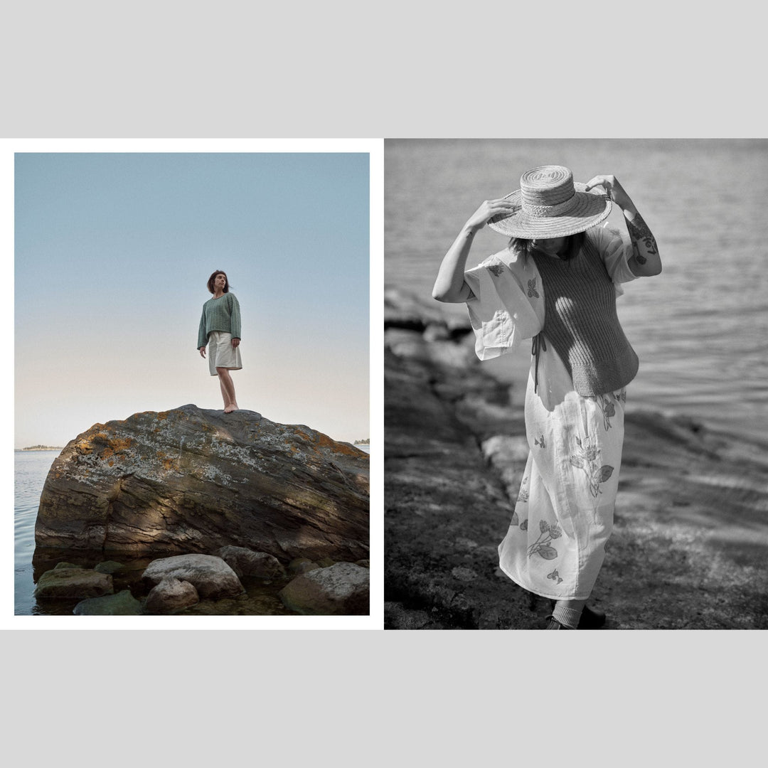 Spread from Laine Issue 28 Magazine showing two images: one of a person wearing handknit sweater standing on a rock by the water, the other of a person in a floral dress and hat by the water.
