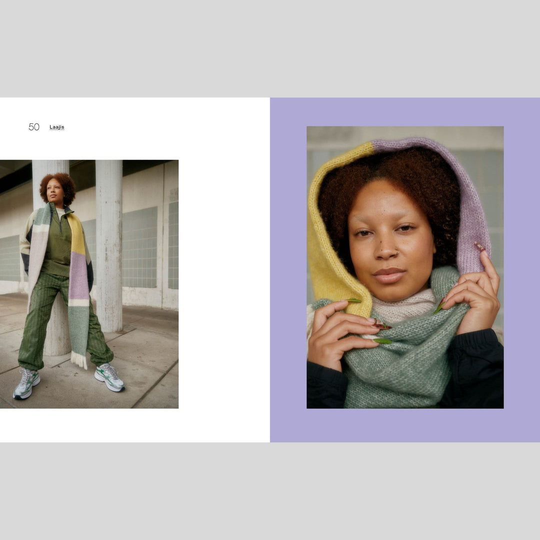 From Laine book My City, My Stitches sold at The Woolly Thistle pages show two images of a person wearing colorful clothing with a focus on a close-up of a scarf.