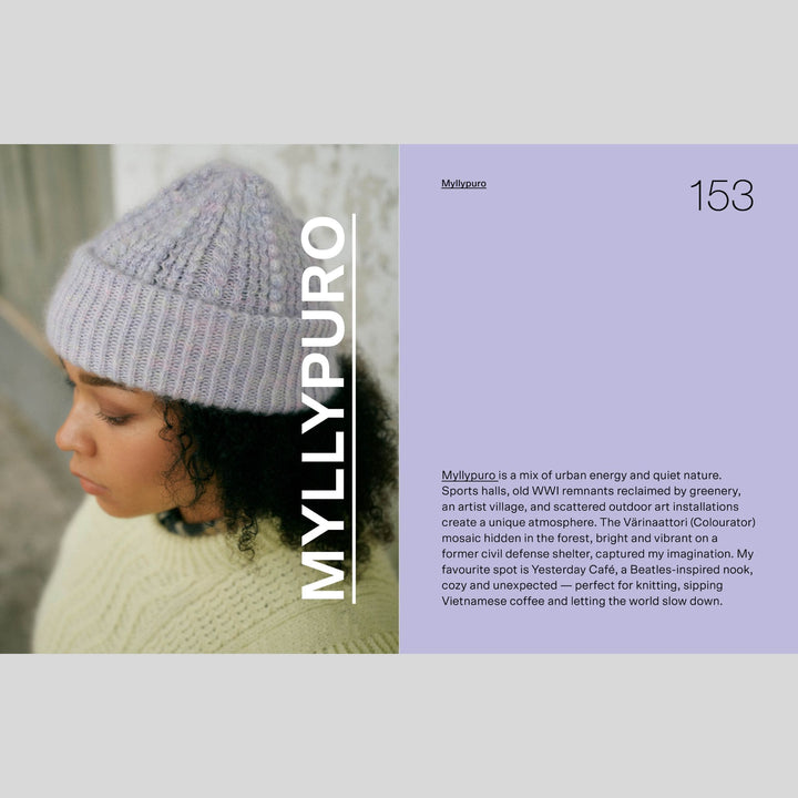 From Laine book My City, My Stitches sold at The Woolly Thistle pages show person wearing a gray knit hat with 'MYLLYPURO' branding, alongside text on a light purple background.