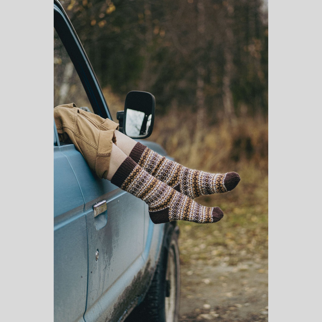 Person wearing patterned socks sticking their head out of a car window in a natural setting. This is a page from Laine Book "Unfolding Landscapes"