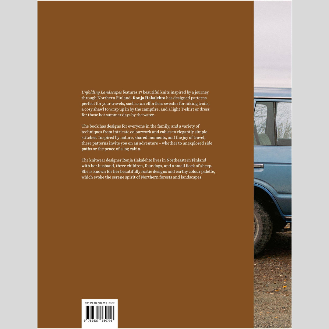 Laine's 'Unfolding Landscape' Book back cover with text and a blurred image of a blue car on a gray background