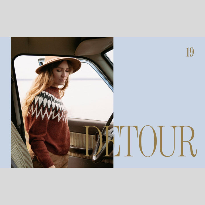 Woman in a car wearing a patterned sweater and hat, with 'Detour' text on a light blue background. This is a page from Laine Book "Unfolding Landscapes"