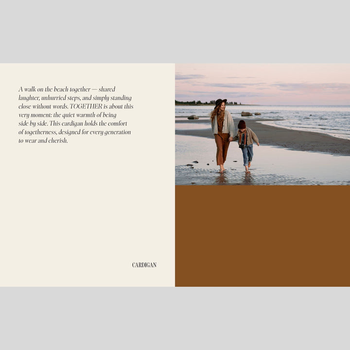 Two people walking on a beach with text on left side about togetherness. This is a page from Laine Book "Unfolding Landscapes"