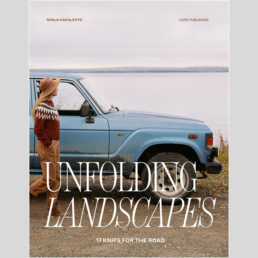 Book cover of 'Unfolding Landscapes' by Laine with a person standing next to a blue vehicle.