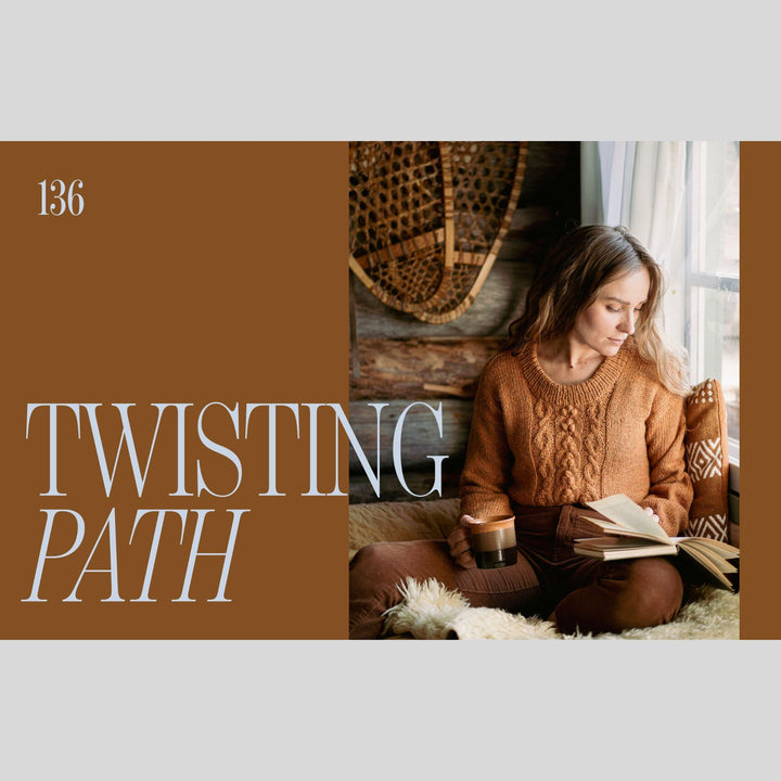 Woman wearing a knit sweater, reading a book in a cozy room with 'Twisting Path' text on the side..
