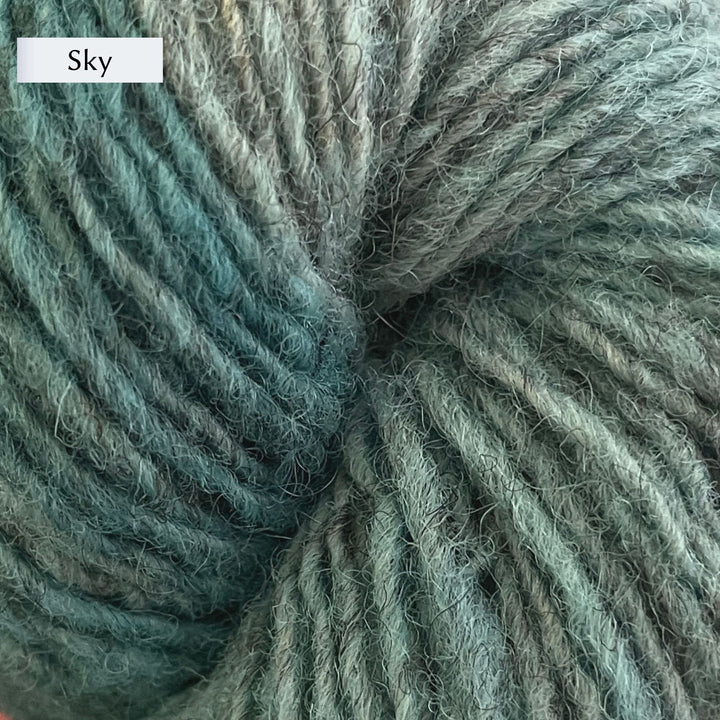 Lichen & Lace Rustic Heather Sport, a sport weight single-ply yarn, in Sky, a heathered light blue-green
