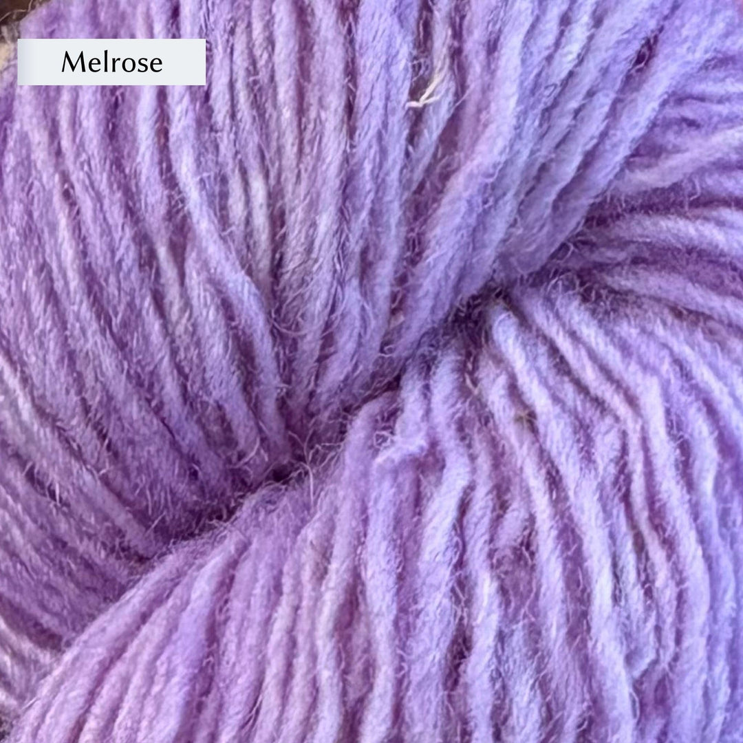 Close-up of Lichen & Lace Rustic Sport yarn in light purple color labeled 'Melrose'