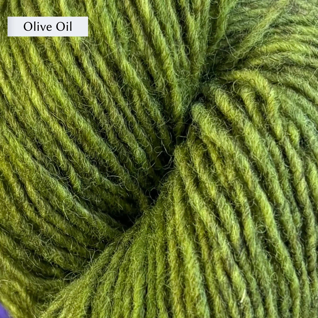 Close-up of Lichen & Lace Rustic Sport yarn in green color labeled 'Olive Oil'