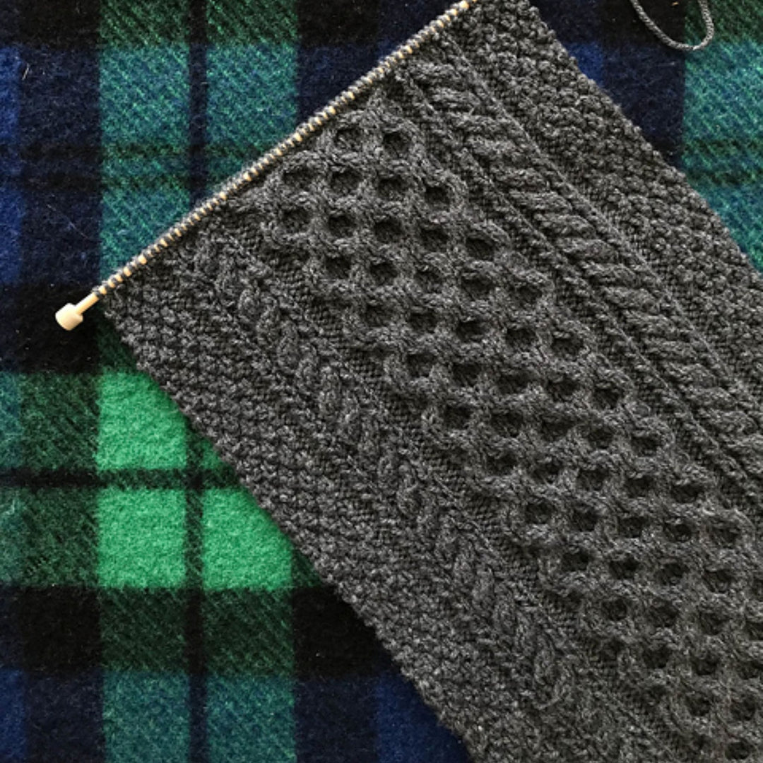 Fishamble St Irish Aran Cable Knit Scarf by Ryan Daniel Koenig in Studio Donegal Irish Heather