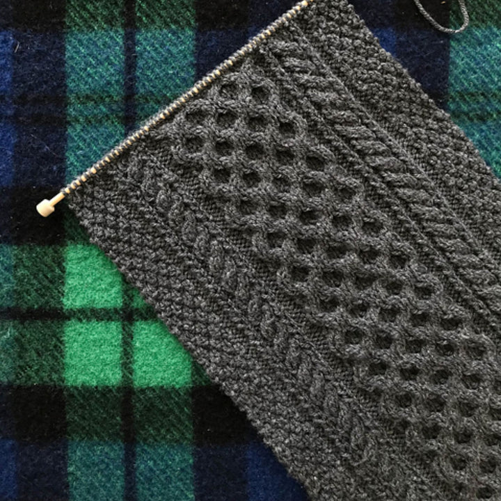 Fishamble St Irish Aran Cable Knit Scarf by Ryan Daniel Koenig in Studio Donegal Irish Heather