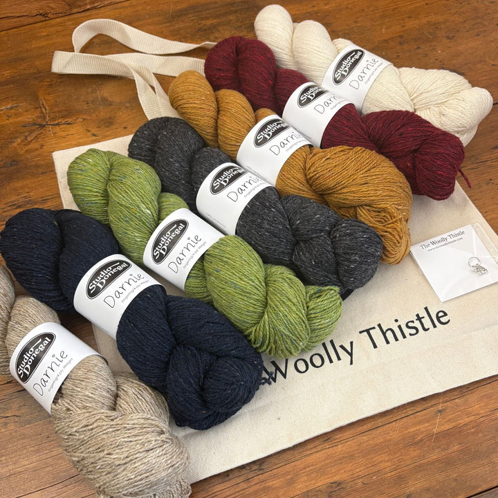 Components of Moon Tide Shawl yarn set including seven colorful skeins of "Studio Donegal Darnie" yarn, a tote bag with 'The Woolly Thistle' branding., and stitch marker. 