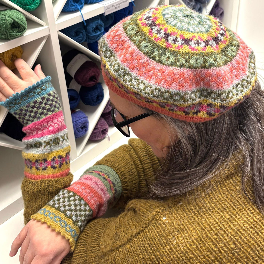 Dolly Mixtures Hat and Wristlets by Corinne Tomlinson in J&S 2ply