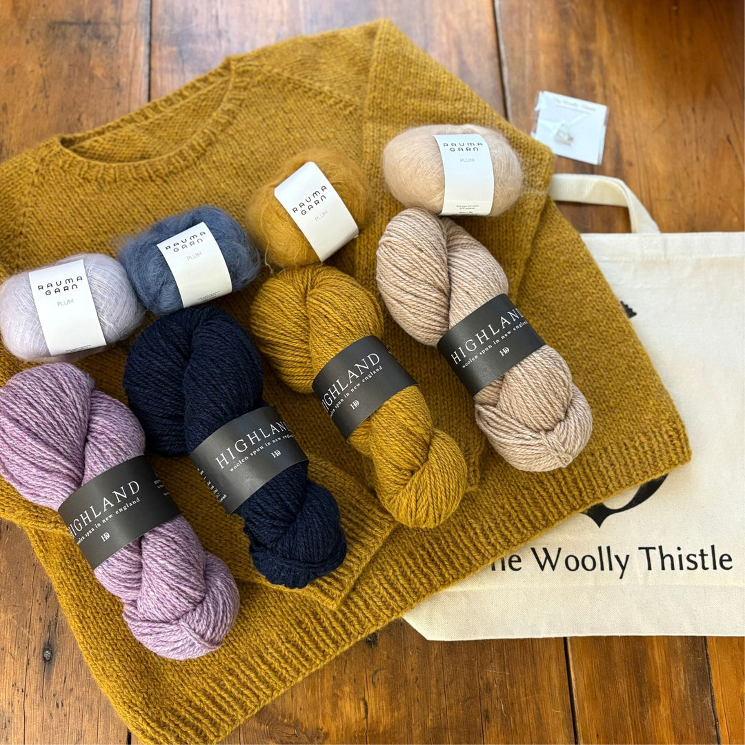 Vanilla's Big Sister Sweater by Corinne Tomlinson in Harrisville Designs Highland & Rauma Plum