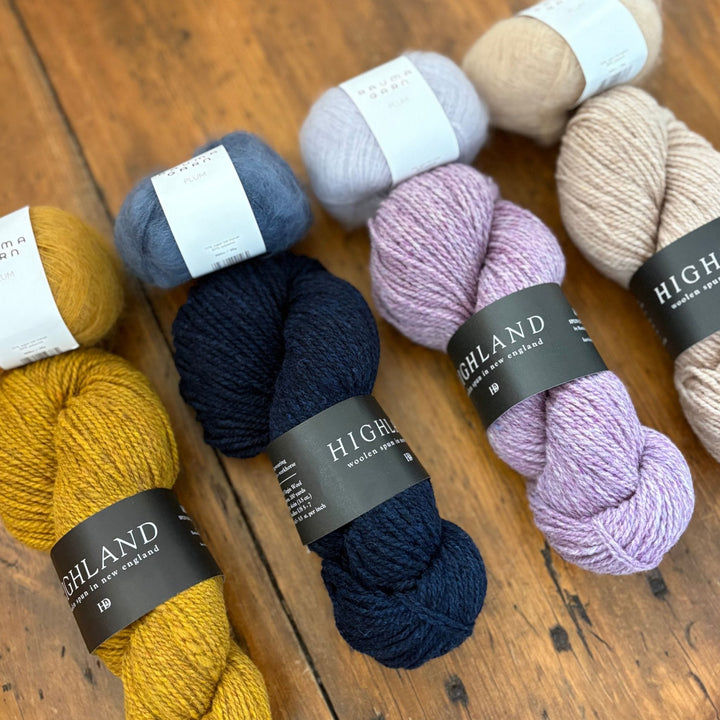 Vanilla's Big Sister Sweater by Corinne Tomlinson in Harrisville Designs Highland & Rauma Plum