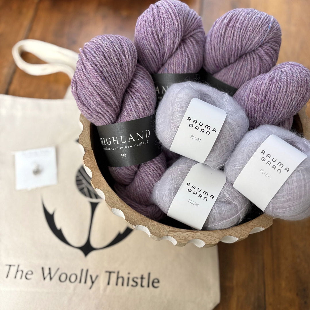 Vanilla's Big Sister Sweater by Corinne Tomlinson in Harrisville Designs Highland & Rauma Plum