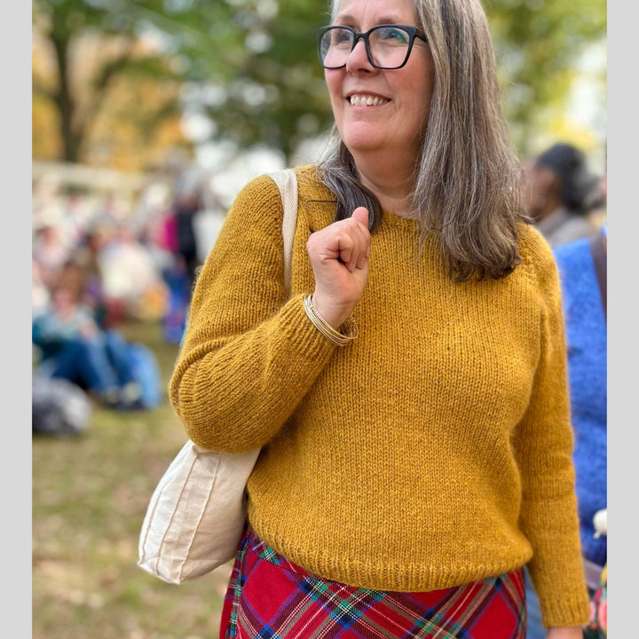 Vanilla's Big Sister Sweater by Corinne Tomlinson in Harrisville Designs Highland & Rauma Plum