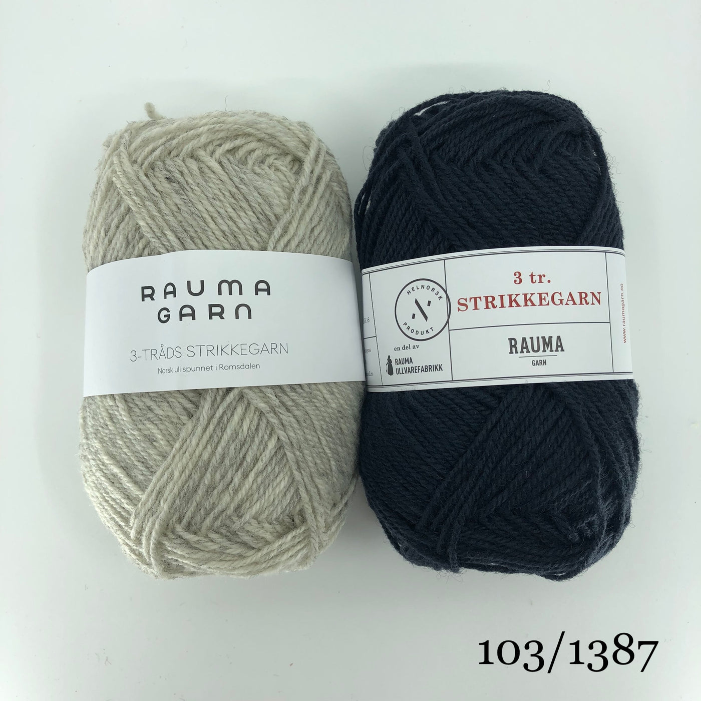 The Woolly Thistle Bladjakke Cardigan 288-1 in Rauma Strikkegarn and 2 balls of yarn in beige and black.