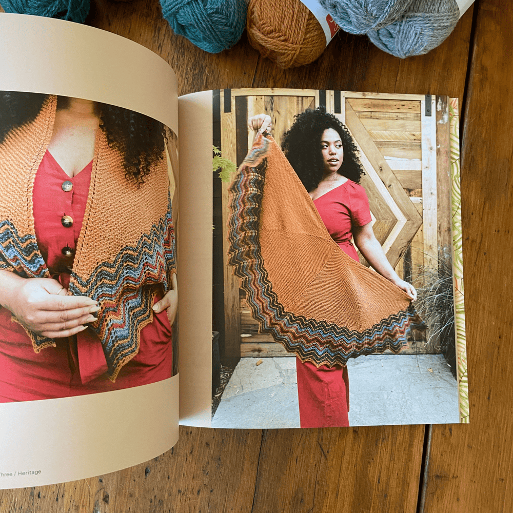 The Woolly Thistle The Shetland Trader - Book Three: Heritage by Gundrun Johnston spread images featuring woman holding burnt orange and patterned knitted shawl
