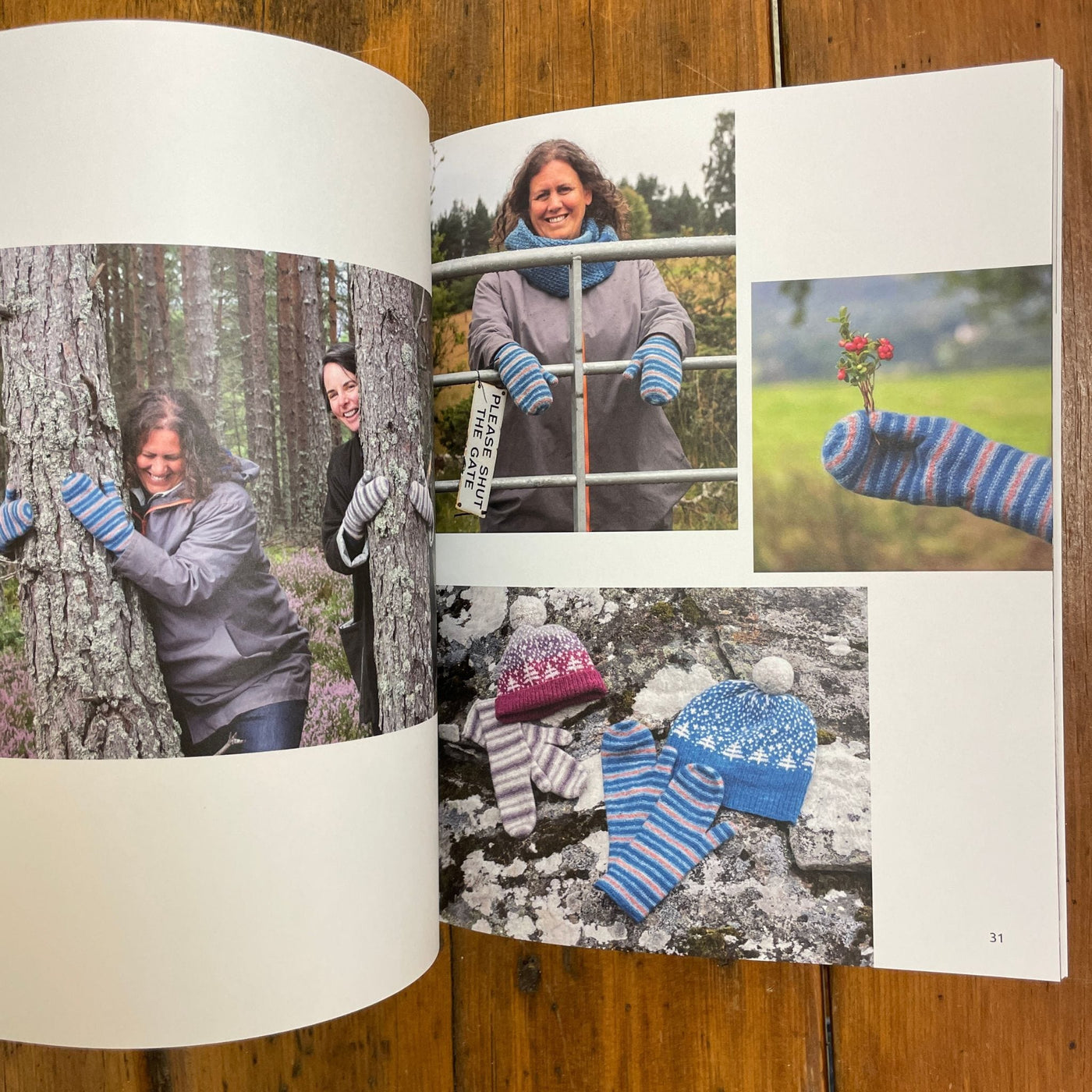 Perspectives book edited by Julie Rutter & Emily K. Williams. Pages open to 4 photos showcasing the Blavattan Mitts and the Inshriach hat - both patterns included in the book. 