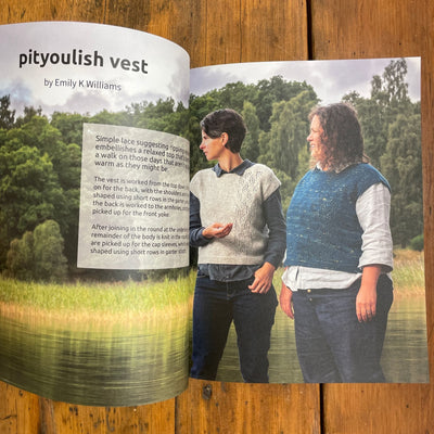 Perspectives book edited by Julie Rutter & Emily K. Williams. Pages open to photo of two women wearing Pityoulish Vests with additional information written about the vest on the opposite page.  