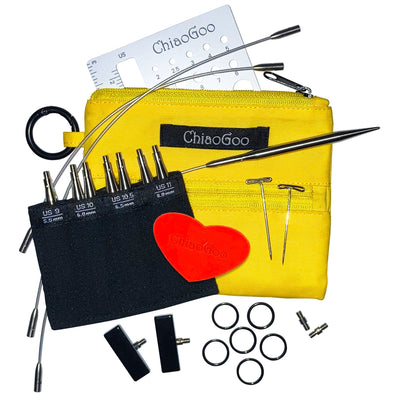 Chiaogoo 3" Twist Large Shortie set. Shown with all components with yellow pouch. Needle tips in US 9, 10, 10.5, 11, Connectors, 3 cables, end stoppers, tightening key, rubber gripper, stitch markers, and needle gauge.