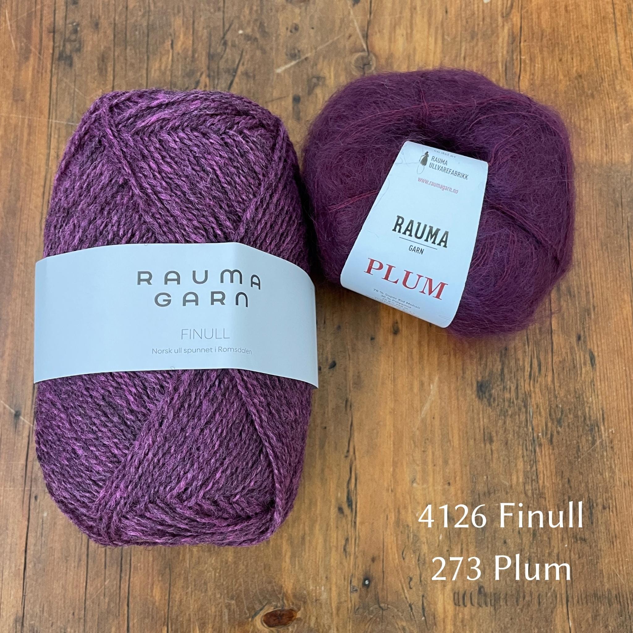 Ball of Rauma Finullgarn yarn in heathered bright mauve with coordinating Plum yarn 