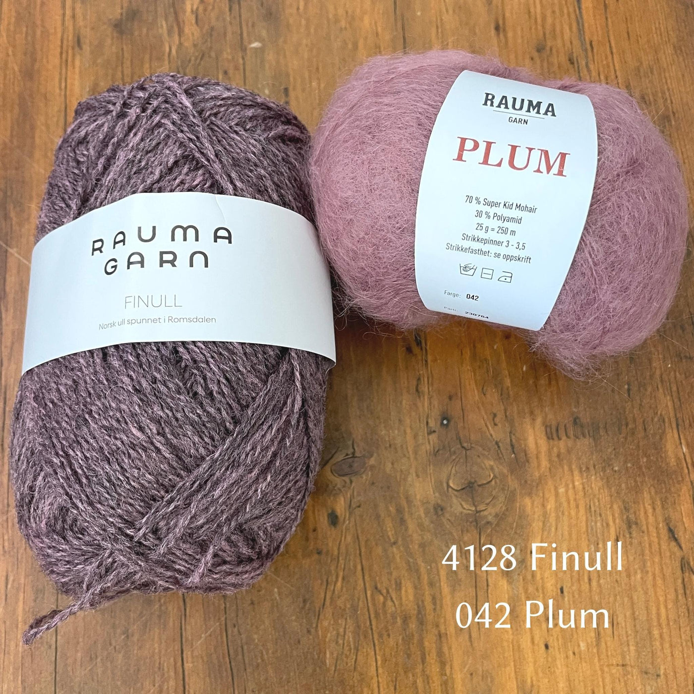 Ball of Rauma Finullgarn yarn in heathered mauve with coordinating Plum yarn 